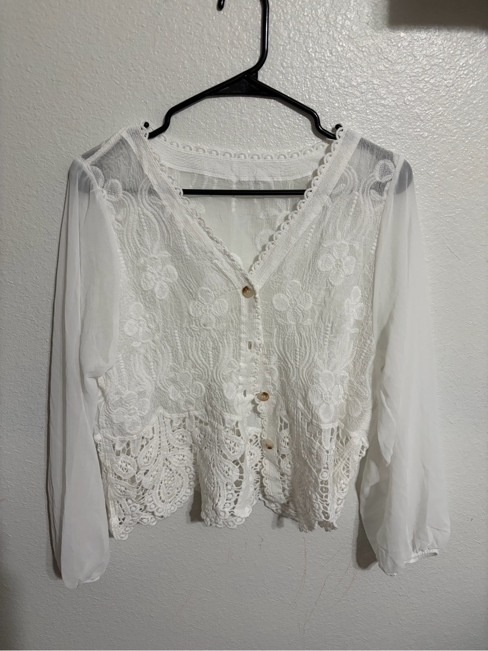 White Lace Button-Front Blouse with Sheer Long Sleeves